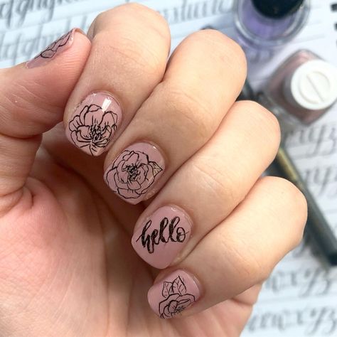 Lettering and inking florals as nail art #nailart #lettering #calligraphy #ink #inking #beauty #art #floral #roses Letters Nail Art, Nail Calligraphy, Lettering Calligraphy, Calligraphy Ink, Beauty Art, Brush Pen, Essie, Art Designs, Hand Lettering