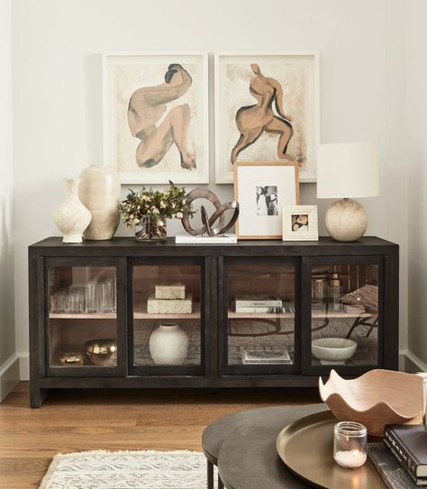 Pottery Barn Media Console, Glass Dinning Table, Credenza Decor, Pottery Barn Living Room, Decoration Buffet, Console Table Styling, Ayesha Curry, Terracotta Vase, Table Decor Living Room