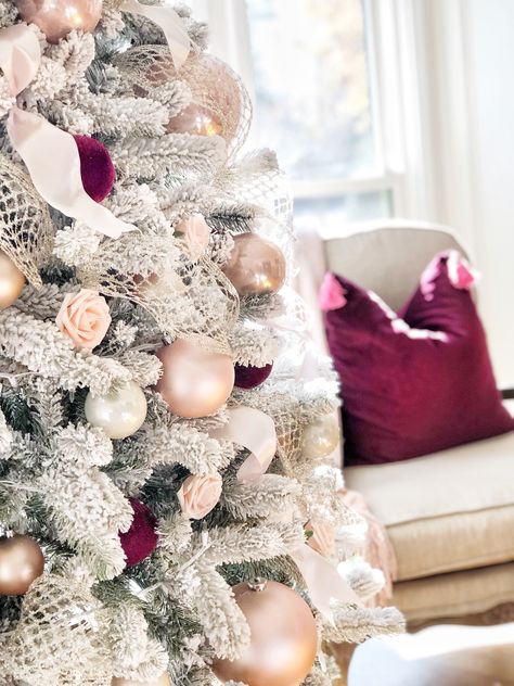 Burgundy and blush is my new favorite combo!  I used it in my fall decor, and transitioned it into Christmas. Love the pop of color on my flocked Christmas tree.  @littlelattihouse Blush Colored Christmas Decor, White And Blush Christmas Tree, Flocked Christmas Tree With Pink Decor, Pink Rustic Christmas Tree, Burgundy And Pink Christmas Decor, Burgundy And Blush Christmas Tree, Pink And Burgundy Christmas Tree, Pink And Burgundy Christmas, Mauve Christmas Tree