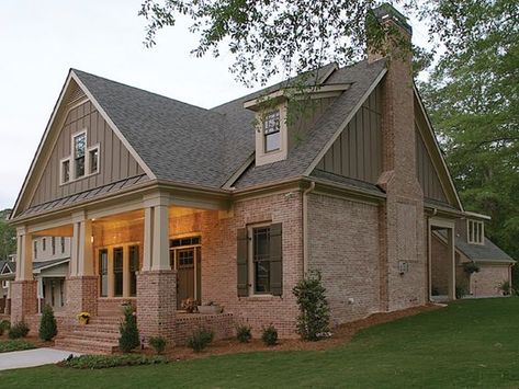 The Green Trace Craftsman Home has 4 bedrooms, 3 full baths and 1 half bath. Exterior Brick House Colors, Brick House Colors, Brick Bedroom, Craftsman Cottage, Orange Brick, Craftsman Bungalow, Craftsman Exterior, Cottage Exterior, Craftsman Home