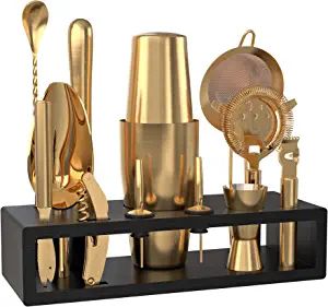 Highball & Chaser Bartender Kit with Black Bamboo Stand Beautiful Cocktail Shaker Set and Bar Tools Stainless Steel Boston Shaker Bartender Kit with Stand (Antique Gold) Bar Accessories Ideas, Hawthorne Strainer, Bartending Kit, Boston Shaker, Bartender Kit, Cocktail Tools, Lemon Zester, Bar Tool Set, Fine Mesh Strainer