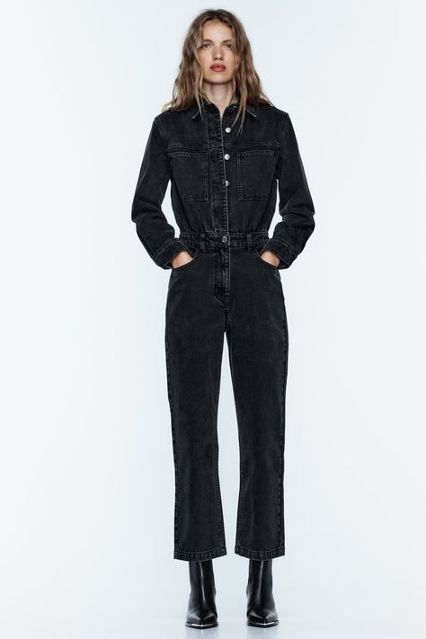 Z1975 STRAIGHT DENIM JUMPSUIT - Black | ZARA India Denim Jumpsuit Outfit, Black Denim Jumpsuit, Collar Jumpsuit, Zara Jumpsuit, Jumpsuit Outfit, Jumpsuit Black, Cold Weather Outfits, Jeans Jumpsuit, Denim Jumpsuit