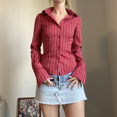 Vintage pinstripe Red blouse Details: Snatched... - Depop Blouse Details, Red Blouse, The Hand, Record Store, Red Blouses, Bell Sleeves, Cool Style, Girl Outfits, Collar