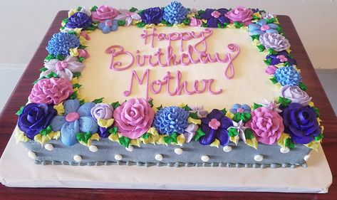 Flower Sheet Cake in Shades of Purple - Adrienne & Co. Bakery Birthday Cake For Adults Women, Cake Design For Mom, Birthday Cake For Adults, Sheet Cakes Decorated, Birthday Sheet Cake, Flower Cake Design, Sheet Cake Designs, Rectangle Cake, Birthday Cake For Mom