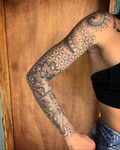 Fibanocci Spiral Tattoos, Bend Of Arm Tattoo, Under Bum Tattoo, Mandala Arm Tattoos, Mandela Tattoo, Mandala Tattoo Sleeve, Arm Sleeve Tattoos For Women, Geometric Sleeve Tattoo, Dot Tattoos