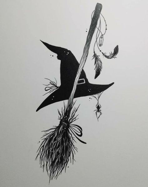 Witch Hat And Broom Tattoo, Witches Broom Drawing, Witchy Drawings Art, Witches Broom Tattoo, Wiccan Drawings, Witches Tattoo, Witchcraft Tattoo, Witch Tattoo Ideas, Witch Tattoos