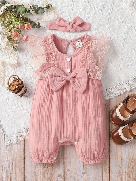 Baby Lace Ruffle Trim Bow Front Romper | SHEIN USA Baby Wardrobe, Girly Girl Outfits, Baby Cardigan Knitting Pattern, Printed Sleeveless Top, Pink Collar, Baby Cardigan, Kids Outfits Girls, Lace Ruffle