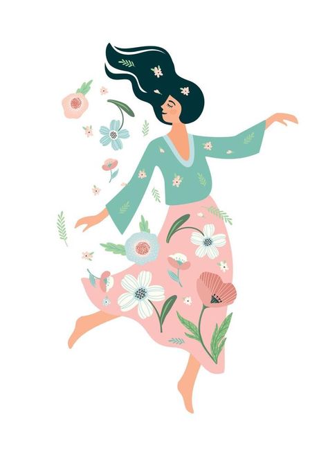 Woman dances with flowers.Self care, self love, harmony. Isolated illustration. Woman Doing Yoga, Dance Vector, Bicycle Illustration, Spring Illustration, Woman Illustration, Simple Illustration, Art Et Illustration, Girls Illustration, Nature Illustration