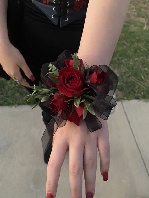 Red Black And Silver Corsage, Burgundy Corsage Prom, Red Corsage Homecoming, Red Rose Wrist Corsage, Hoco Corsage And Boutonniere, Red Flowers Prom, Black And Red Corsage, Hoco Flowers Corsage, Red And Black Corsage