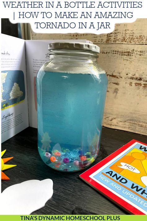 Weather In A Bottle | How To Make An Amazing Tornado In A Jar. We're making weather in a bottle by making a tornado. I have this fun Free Weather Unit Study for Kids Who Love Hands-on Learning post for more teaching ideas. Weather comes in all kinds of wild and crazy forms, from record highs to intense winds. This is a super easy, low-stress science activity that takes 5 minutes to pull together. You can do it with your child when you are learning about the weather. Weather In A Jar, Tornado In A Jar Science Project, Weather Experiments Kindergarten, Tornado Unit Study, Diy Tornado In A Bottle, Tornado Experiments For Kids, Tornado Crafts For Kids, Severe Weather Activities For Kids, Tornado Activities For Kids