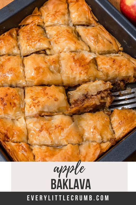 This apple baklava is layers of deliciousness. It's the easiest apple phyllo dessert with an apple walnut filling and golden phyllo dough. #applebaklava #applepie #applephyllo #phyllo #filo Philo Recipes, Apple Baklava, Phyllo Dessert, Philo Dough, Phyllo Dough Recipes, Phyllo Recipes, Crumb Recipe, Apple Pastry, Strudel Recipes