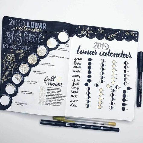 25+ Stellar Moon Phase Spreads for your bullet journal | My Inner Creative    Looking to tracking something really special? Why not try these stunning Moon Phase Spreads for your bullet journal, we have 25+ for you to be inspired by! #bulletjournal #tracker #bujo #bujojunkies #moonphases #moontracker #lunartracker Bullet Journal Lettering, Bullet Journal Calendar, Astrology Journal, The Moon Phases, Bullet Journal Page, Moon Journal, Lunar Calendar, Diary Ideas, Bullet Journal Themes