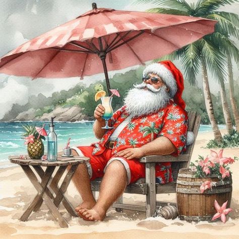 Tropical Santa Claus At The Beach, Tropical Santa Claus, Summer Santa Claus, Santa At The Beach, Cali Christmas, Kiwi Christmas, Cruise Magnets, Tropical Santa, Christmas Toppers