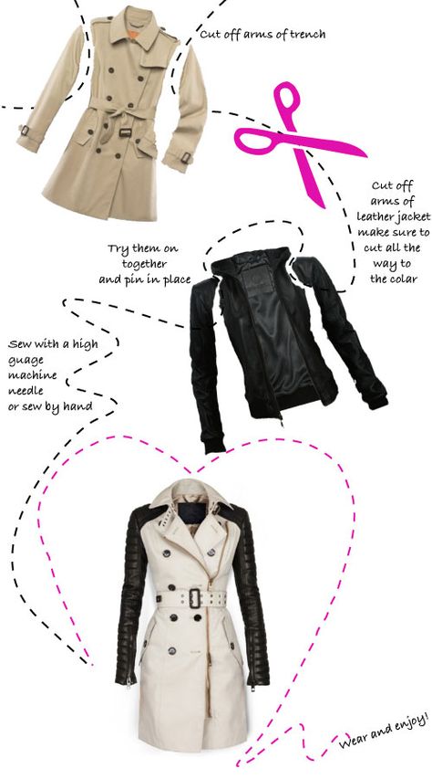 DIY Burberry Mixed Media Trench Coat! Interesting idea. I've always wanted a wool and leather coat. Maybe I could do this... Repurposed Clothing, Diy Vetement, Upcycled Fashion, Recycle Clothes, How To Make Clothes, Refashion Clothes, Thrift Stores, Coats And Jackets, Diy Style