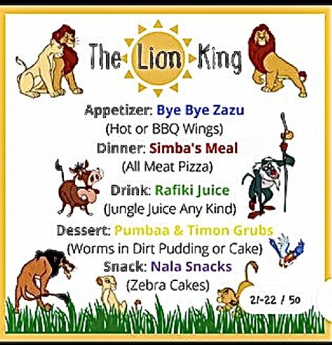 Lady And The Tramp Movie Night Food, Shrek Movie Night Dinner, Lion King Dinner And A Movie, Disney Movie Dinner Ideas, Disney Theme Dinner Movie Nights, Lion King Movie Night, Disney Nights, Disney Movie Themed Dinner, Movie Meals