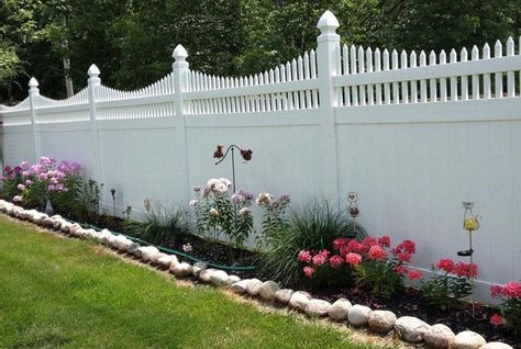 shasta vinyl privacy fence Vinyl Fence Landscaping, House Frontage, House Flips, Yard Privacy, White Vinyl Fence, Vinyl Privacy Fence, Privacy Fence Panels, House Fence, House Makeovers