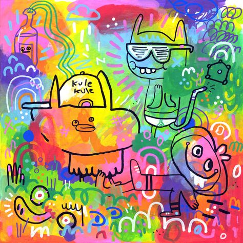 Kule kule—lost characters in a landscape that tastes of the internet; Posca pen painting on wood Doodles Characters, Lost Characters, Jon Burgerman, Pen Painting, 2000s Art, Mood Portrait, Graffiti Painting, Kids Room Art, Art Plastique