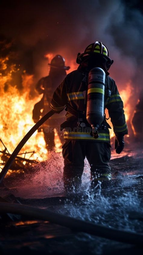 Firefighters next to a fire truck extinguishing a fire royalty free stock images Firefighter Memes, Firefighter Images, Firefighter Photography, Firefighter Brotherhood, Firefighter Workout, Firefighter Training, Girl Firefighter, Firefighter Family, Firefighter Art