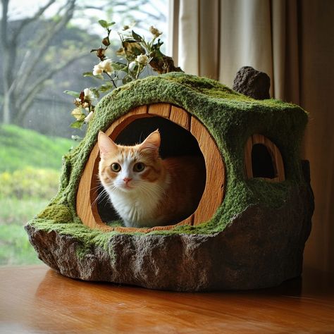 The Hobbit Home Cat Bed is a cozy, hobbit-inspired retreat for your feline friend. With its rounded design, faux grass roof, and a circular entrance, it mimics a charming hobbit house. The plush interior provides comfort, making it the perfect hideaway for your cat to curl up and relax. Cozy Cat Bed, Cat Hobbit House, Hobbit Apartment, Litter Box Diy, Ferret Room, Circular Entrance, Hobbit Home, Diy Litter Box, Fantasy Room