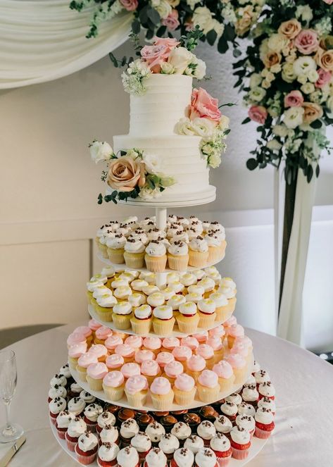 Wedding Cakes Simple Elegant Classy Pretty Cupcakes, Cupcake Tower For Wedding, Giant Cupcake Wedding Cake, Wedding Cake With Cupcake Tiers, 3 Tier Wedding Cake With Cupcakes, Quince Cake With Cupcakes, Cupcake Cake Tower, Cupcake Arrangements Wedding, Wedding Cake Tower With Cupcakes