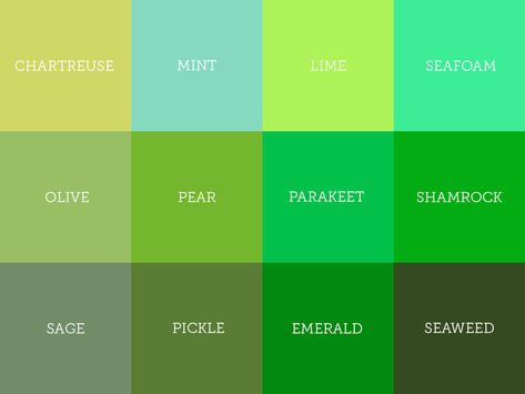 Seaweed Different Shades Of Green Nails, Green Colour Shades, Shades Of Green Nails, Green Color Names, Types Of Green, Green Wall Color, Mint Green Walls, Chartreuse Color, The Human Eye