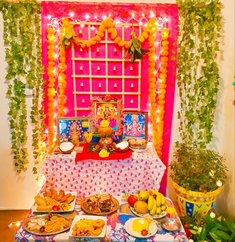 DIY diwali backdrop for laxmi pooja Diwali Decorations At Pooja Room, Diwali Laxmi Puja Decoration At Home Creative, Diwali Decorations At Home Pooja, Decoration For Lakshmi Pooja At Home, Diwali Pooja Backdrop Ideas, Durga Puja Decoration At Home, Pooja Backdrop Decoration Diy At Home, Mandir Decoration Ideas For Diwali, Diwali Pujan At Home