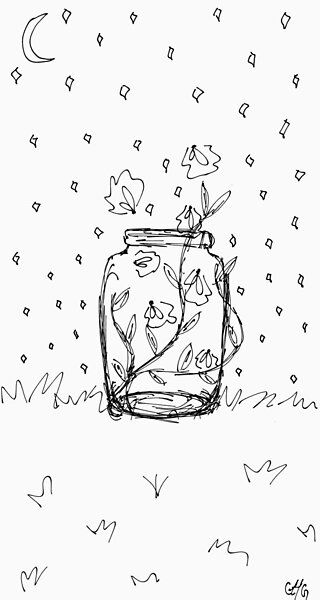 Drawing of fireflies in a jar under the night sky, done digitally Fireflies Drawing, Draw Firefly, Jar Of Fireflies Drawing, Fireflies Drawing Illustration, Mason Jar With Fireflies Tattoo, Firefly Illustration Drawings, Firefly Drawing, Firefly Night, Fireflies In A Jar