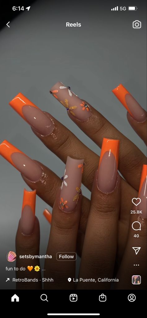 Neon Orange Lipstick, Orange French Nails, Summer Nails Orange, Orange Toe Nails, Nail Art Spring, Orange Acrylic Nails, Summer Nails Summer, Quartz Nails, Nails Orange