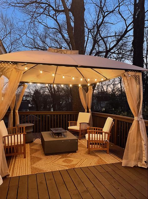 Deck set up with globe lights, fire table, gazebo patio tent Gazebo On Balcony, Gazebo Tent Ideas Backyard, Tent Gazebo Ideas Backyards, Backyard Canopy Ideas Gazebo, Outdoor Tent With Lights, Back Deck Gazebo Ideas, Rooftop Gazebo Ideas, Deck Tent Ideas, Gazebo With Fairy Lights