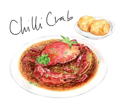 Singaporean Chilli crab, asian food watercolor illustration Fish Food Drawing, Anime Seafood, Singapore Food Drawing, Korean Bbq Illustration Art, Recipe Drawing Food Illustrations Korean, Crab Dishes, Food Sketch, Food Artwork, Singapore Food