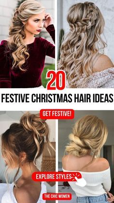 Christmas Party Hair Updo, Holiday Up Dos Hairstyles, Christmas Party Updo Medium Hair, Hairstyles For Holiday Party, Mrs Claus Hairstyle, Hair Ideas For Christmas Party, Easy Christmas Party Hairstyles, Christmas Day Hairstyles, Holiday Party Hairstyles Long