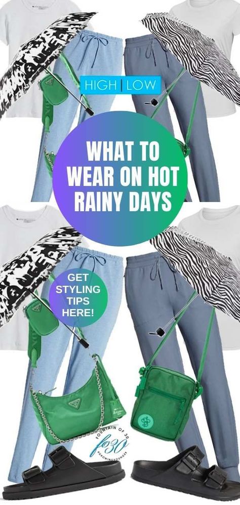 What do you wear when it rains in the summer? Here are rainy day outfits high-end and low-price to wear on a hot summer day. You can still look chic, and most importantly you will feel comfortable and stay dry. #fashion #over50 #outfits #rain #summer Wet Summer Day Outfit, Humid Rainy Day Outfit Summer, What To Wear When It’s Raining, Hot But Rainy Day Outfit, Raining Day Outfit Summer, Rainy Weather Outfits Summer, Rainy Season Outfits For Women Indian, Hot Rainy Day Outfit, Rainy Summer Day Outfit