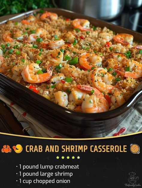 Crab and Shrimp Casserole 🦀🍤🥘  ￼ “What a fabulous recipe! Even better the next day... if you can wait that long 🙂 "  Ingredients : 1 pound lump crabmeat 1 pound large shrimp, peeled and deveined 1 cup chopped onion 1 cup chopped bell pepper 1 cup chopped celery 2 cloves garlic, minced 1/4 cup butter 1/4 cup all-purpose flour 2 cups milk 1 cup chicken broth 1 teaspoon Old Bay seasoning Salt and pepper to taste 1 cup shredded cheddar cheese 1 cup breadcrumbs Chopped fresh parsley for garnish.   Directions : 	1.	Preheat your oven to 375°F (190°C). Grease a 9x13-inch baking dish and set aside. 	2.	In a large skillet, melt the butter over medium heat. Add the chopped onion, bell pepper, celery, and garlic. Cook until the vegetables are softened, about 5-7 minutes. 	3.	Stir in the flour and Shrimp Casserole Recipes, Shrimp Casserole, Crab And Shrimp, Seafood Dish Recipes, Ina Garten Recipes, Typing Skills, Large Shrimp, Crab Recipes, Shrimp Dishes