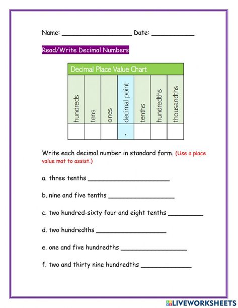 Volume Math, Writing Complete Sentences, Place Value With Decimals, All About Me Worksheet, Place Value Worksheets, Decimals Worksheets, Cursive Words, Reading Charts, Preschool Reading