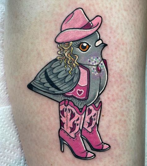 Worm With Cowboy Hat Tattoo, Pink Traditional Tattoo, Quirky Tattoos, Pigeon Tattoo, Trippy Tattoo, Cowgirl Tattoos, Traditional Tattoo Inspiration, Medieval Tattoo, Kawaii Tattoo