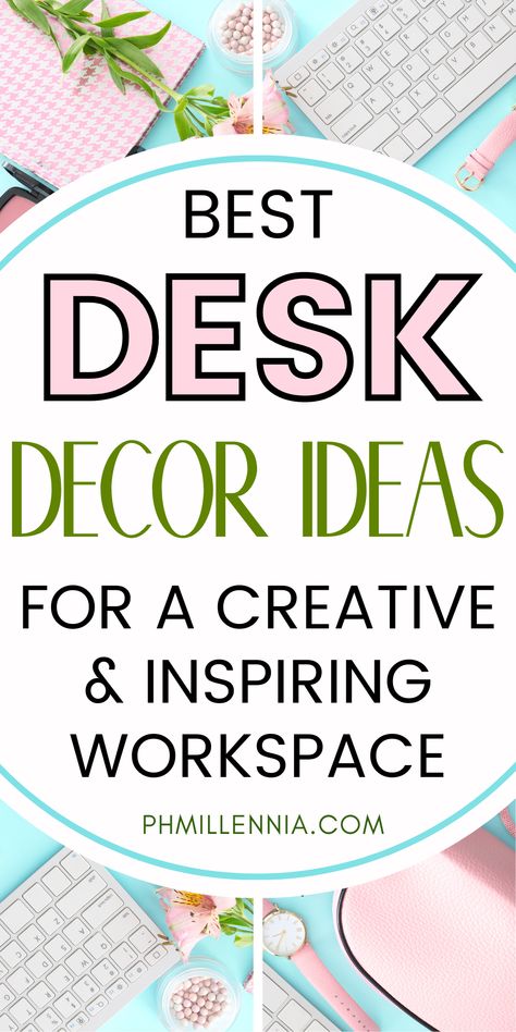 Whether you’re a minimalist or maximalist there are countless ways to personalize your desk & turn it into a space that reflects your personality & inspires you to do your best work. Discover the best desk decor ideas to help you create a workspace that is both stylish & functional. From practical items like desk organizers to motivational items like desk plants, explore the most creative & inspiring desk decor ideas that can help transform your workspace into a place you’ll love to work in. Ways To Organize Your Office At Work, Boho Work Desk Decor, Boho Cubicle Decor Work Spaces, Pink Desk Decor Ideas, Office Desk Inspiration Cubicle, 3 Monitor Desk Setup, Decorate Work Office, Decorate Office At Work, How To Decorate Your Office At Work