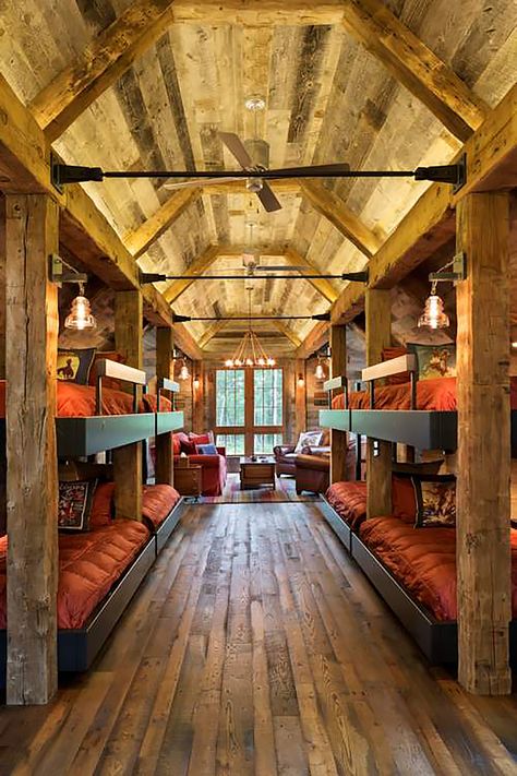 This reminds me of the bunkhouse that all of the workers sleep and play cards and hangout in! Bunk Rooms, Casa Country, Christmas Decorations Bedroom, Bunk Room, Bunk House, Cabin In The Woods, Pole Barn Homes, Rustic Bedroom, Cabin Homes