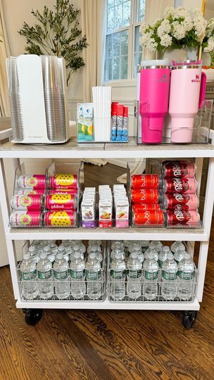 1.1M views · 48K reactions | New Drink Station Organization 🤩🤩 This beverage cart fits perfectly in our pantry but also works great as a drink station/snack area for parties and gatherings. #organization #organizedhome #pantryorganization #snackorganization #momlife #kitchenorganization #drinkorganization #foryou | Micah Enriquez | Lesley Gore · Misty Drink Packet Organization, Snack Area In Bedroom, Water Station Ideas, Bedroom Snack Station, Snack Station Ideas, Snack Area, Desk Snacks, Water Bar, Beverage Cart