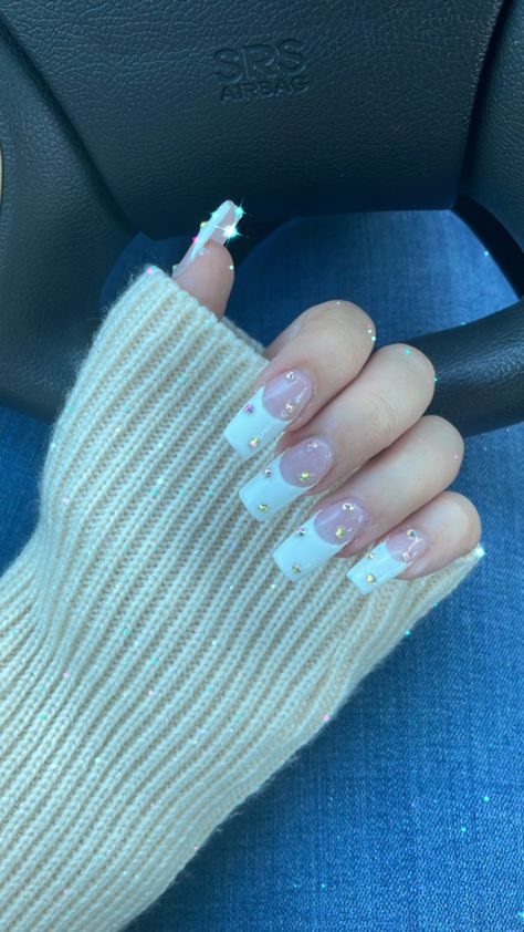 White Acrylic With Rhinestones, French Tip Nails With Gems Rhinestones, White French Tip With Gems, French Tip Nails With Gems, Nails With Gems, Doing My Nails, White French Tip, Bling Acrylic Nails, White French