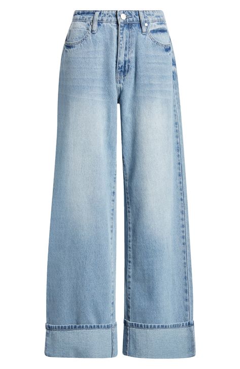 Cuffed hems highlight the wide-leg silhouette of high-waisted jeans cut from comfortable nonstretch denim. 32" cuffed inseam; 36" uncuffed inseam; 22" leg opening; 11" front rise: 14 1/2" back rise (size 27) Zip fly with button closure Five-pocket style 100% cotton Machine wash, tumble dry Imported