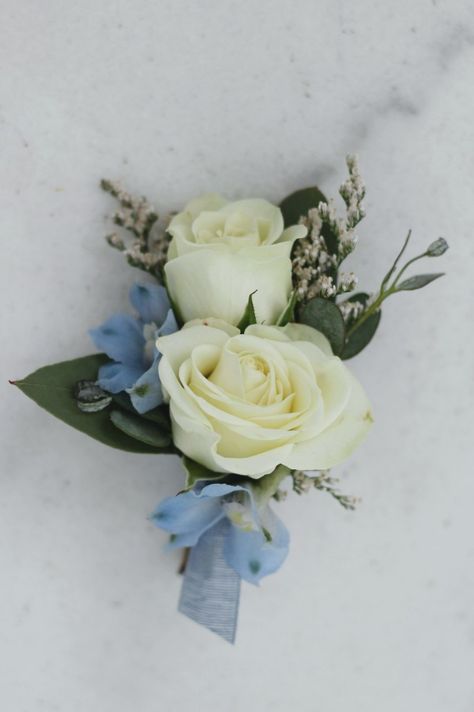 Baby Blue Corsage, Blue And White Boutonniere, Light Blue Corsage, Blue Corsage And Boutonniere, Wedding On Beach, Boutonniere Blue, Boutonniere Prom, Corsages Wedding, Blue Corsage