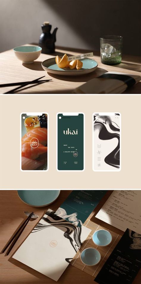 Ukai Sushi Bar Identity Design by The Branding People Asian Branding Design, Sushi Branding Identity, Sushi Restaurant Branding, Sushi Branding Design, Asian Restaurant Branding, Sushi Graphic Design, Sushi Restaurant Design, Japanese Restaurant Branding, Asian Branding