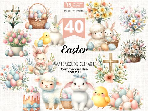 Easter Cake Cross, Daffodil Clipart, Easter Egg Baskets, Easter Crosses, Egg Baskets, Spring Png, Easter Paper Crafts, Sublimation Stickers, Spring Watercolor