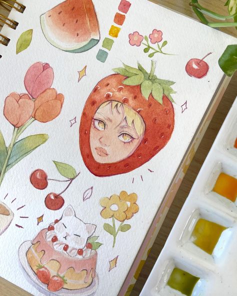 Filling up this sketchbook page with some colorful fruits and foods 🍓🍉🍒 I’m seriously thinking on turning these into stickers? What do you think? . . Llenando una hoja de mi sketch Book con algunas frutas y comidas coloridas 💖 Realmente estoy pensando en convertir esos dibujos en stickers! qué opinan? #sketchbook #sketchbookart #cuteart #watercolorart #watercolor #illustration #artistsoninstagram #artoftheday #catart #kawaiiart Tiny Watercolor Palette, Sketch Book Ideas Inspiration, Watercolor Food Art, Sketch Fruit, Aesthetic Watercolor Art, Sketch Book Pages, Fruits Illustration, Potrait Painting, Sketchbook Watercolor