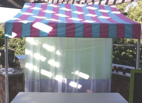 Pink & White Wide Striped Fabric for Curtains into Carport End Of School Year Party, Table Canopy, Pvc Stand, Ice Cream Parlor Party, Pvc Canopy, Party Canopy, Nursery Canopy, Pvc Pipe Projects, Canopy Architecture