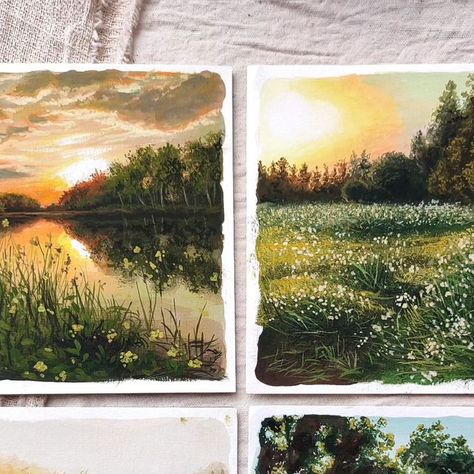 𝐅𝐢𝐟𝐢𝐚 𝐏. 𝐍𝐚𝐛𝐢𝐥𝐚 | Gouache Artist on Instagram: "Sunrise series, which one is your favorite?💚  These painting now available on my shop☺" Colorful Canvas Art, Gouache Art, Oil Pastel Art, Sky Painting, Art Diary, Landscape Drawings, Aesthetic Painting, Sunset Painting, Art Inspiration Painting