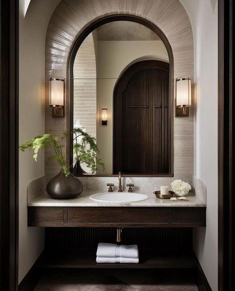 Luxury Powder Room, Spanish Homes, Dark Wood Bathroom, Timeless Bathroom, Powder Room Design, Brown Bathroom, Bathroom Inspiration Decor, Spanish House, Elegant Bathroom