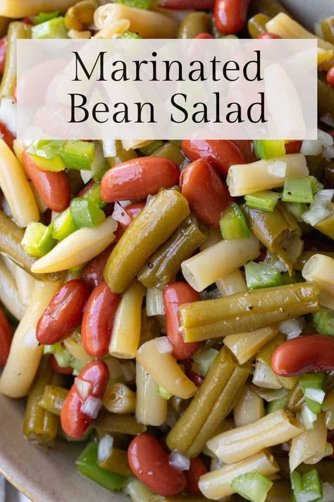 This marinated bean salad is a classic recipe that's perfect for potlucks, bbqs, and cookouts! Marinated Beans Recipe, Marinated Bean Salad, 3 Bean Salad Recipe, Bean Salad Recipes Easy, Easy Summer Salad Recipes, Three Bean Salad Recipe, Bean Salad Dressing, Summer Potluck Dishes, 3 Bean Salad