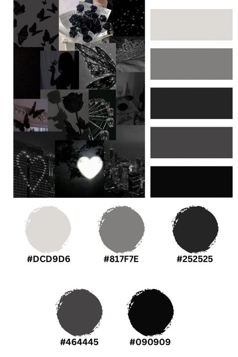 Canva Color Palette Codes Black, Gothic Color Palette Hex Codes, Black Color Palette Hex Codes, Black And White Palette Colour Schemes, Spooky Color Palette Hex Codes, Black Color Pallete Colour Schemes, Black White Silver Color Palette, Silver And Black Color Palette, Colour Palette Monochrome