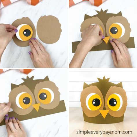 Make the easy headband craft with the kids. Download the free printable template and make today. There’s also a black-and-white version for kids to color in. Diy Animal Costume For Kids, Bird Headband, Diy Owl Costume, Halloween Headband Craft, Owl Mask For Kids, Diy Owl Costume Kids, Owl Headband, Owl Mask Diy, Kids Owl Costume Diy